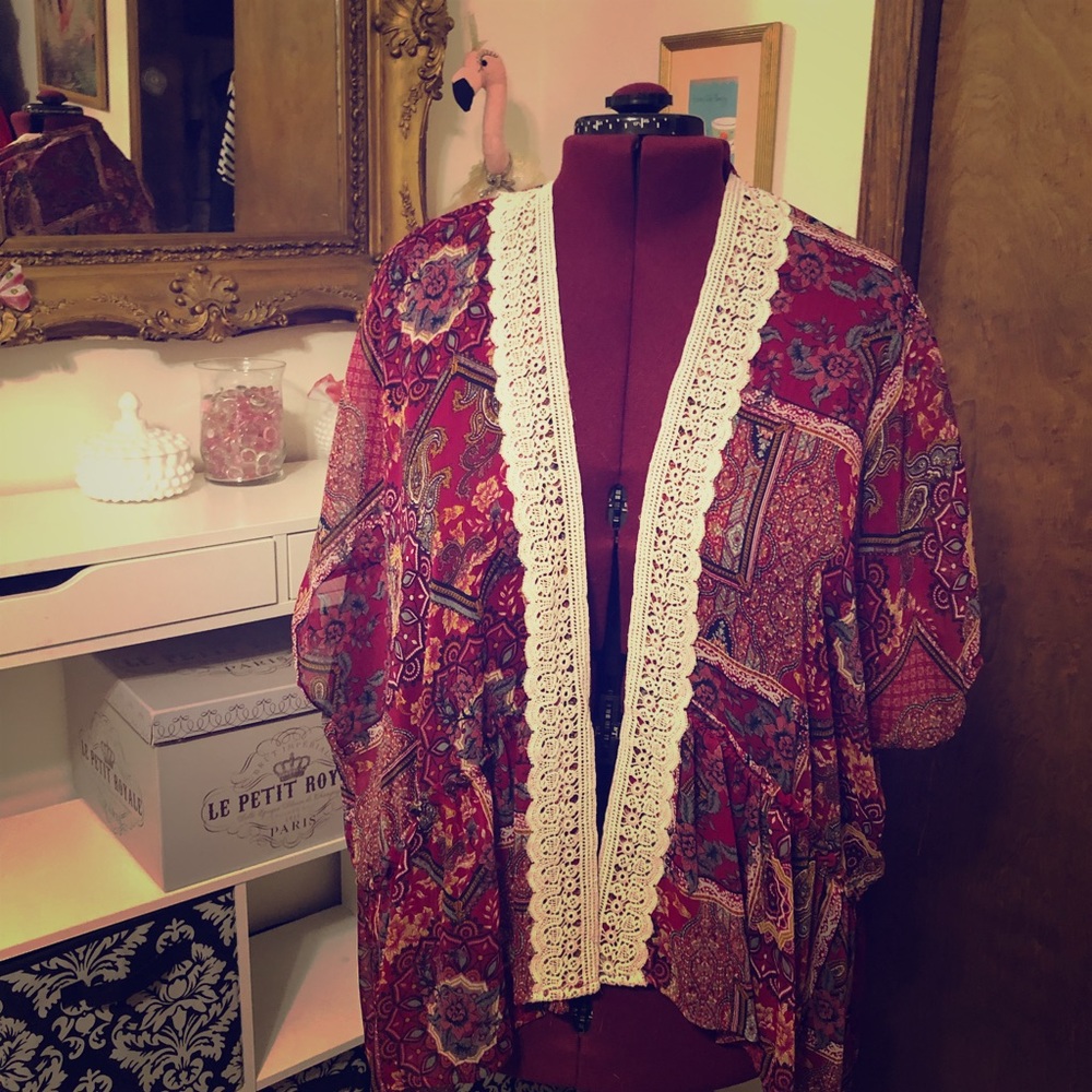 Burgundy floral kimono coverup